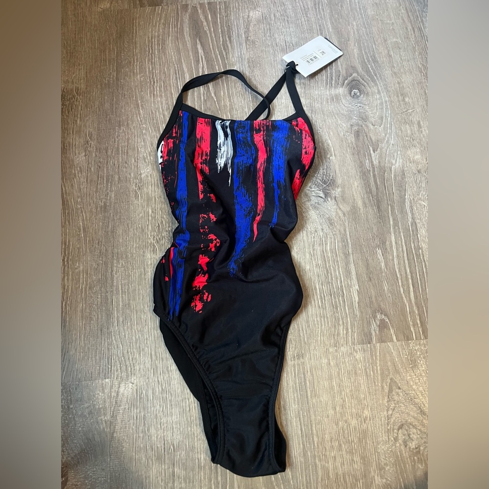 Arena Black Swimsuit with Red and Blue Stripes